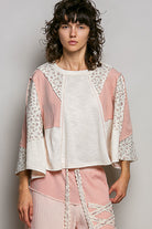 POL Natural Exposed Seam Floral Patchwork Round Neck Textured Slub Knit Top