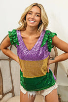 BiBi Mardi Gras Sequin Color Block Ruffled Top