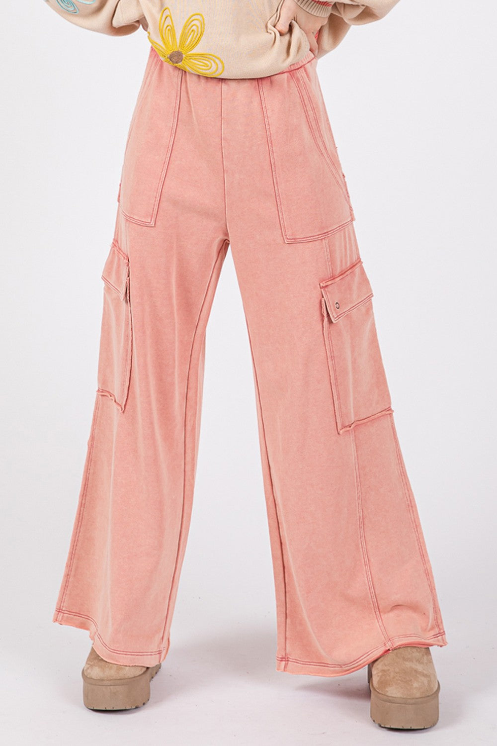 SAGE + FIG Rose Knit Terry Mineral Wash Wide Leg Pants Trendsi