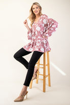 Celeste Mauve Tiered Floral V-Neck Long Sleeve Blouse