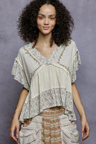 POL Floral V-Neck Short Sleeve Ruffled Double Gauze Blouse with Embroidery Detail