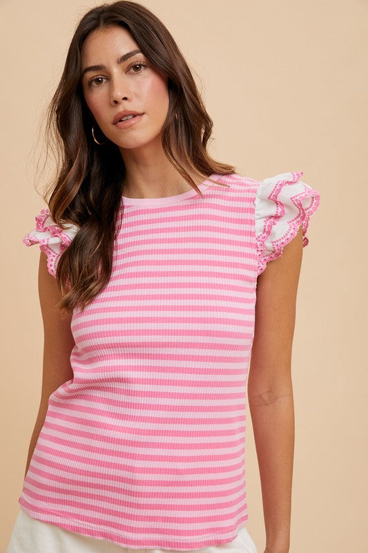 Annie Wear Pink Ruffled Striped Round Neck Cap Sleeve Knit Top