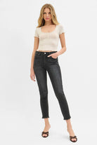 RISEN Black Washed Tummy Control Mid Rise Crop Skinny Jeans