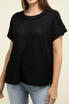 Zenana Brushed Waffle Exposed-Seam Short Sleeve Top BLACK Shirts & Tops