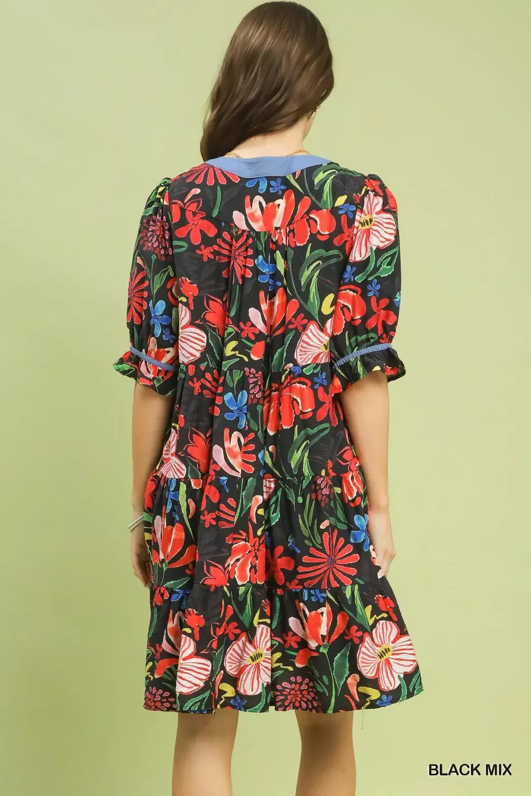 Umgee Black Mix Floral Tiered Puff Sleeve Dress