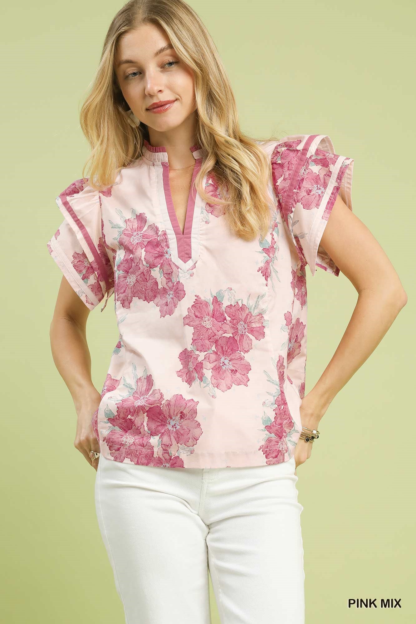 Umgee Pink Mix Floral Ruffle Sleeve Blouse PINK MIX