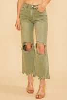 Annie Wear Olive Garment Dyed Distressed Raw Hem Soft Jeans Yellow-Green