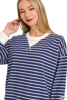 Zenana Navy Contrast Striped Round Neck Sweatshirt