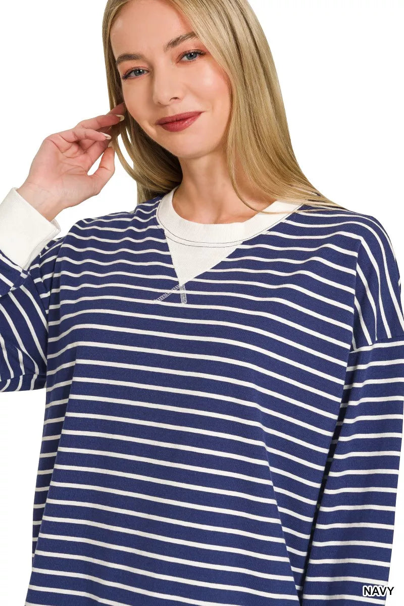 Zenana Navy Contrast Striped Round Neck Sweatshirt