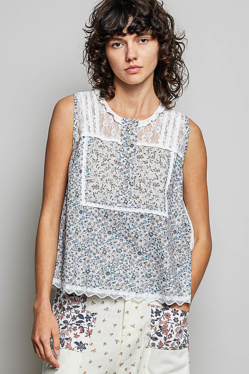 POL Off White Printed Woven Lace Back Round Neck Sleeveless Top OFF WHITE