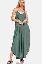 Zenana Ash Jade Spaghetti Strap Curved Hem Wide Leg Overalls with Pockets Ash Jade Jumpsuits & Rompers