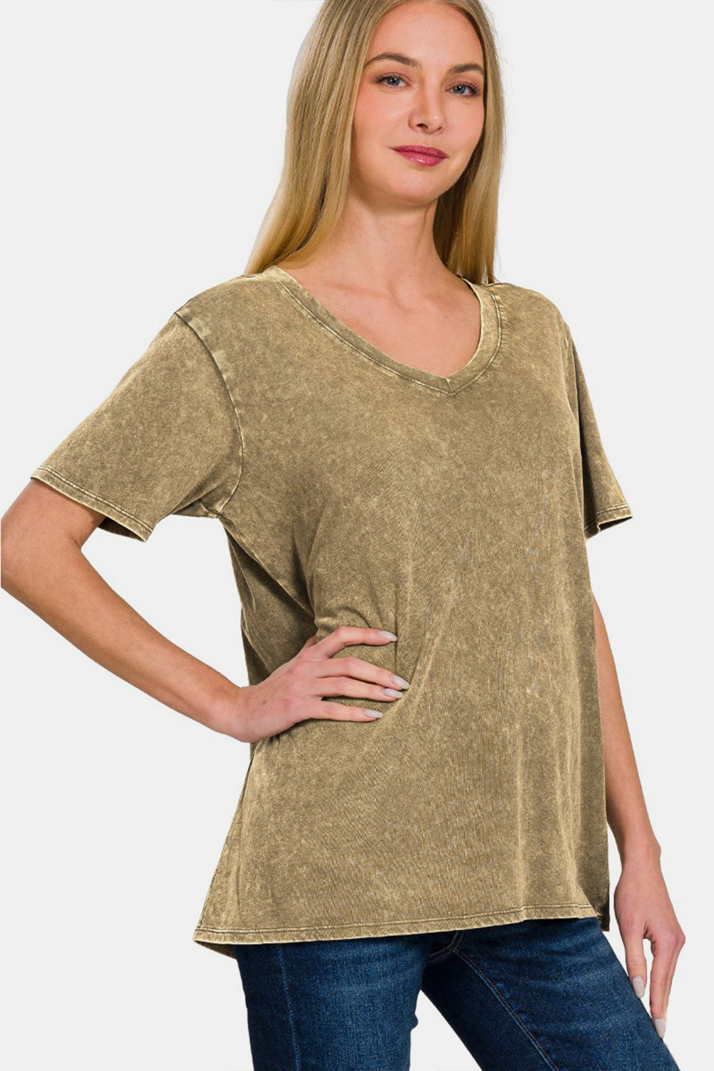 Zenana Mocha Washed Short Sleeve V-Neck T-Shirt Trendsi