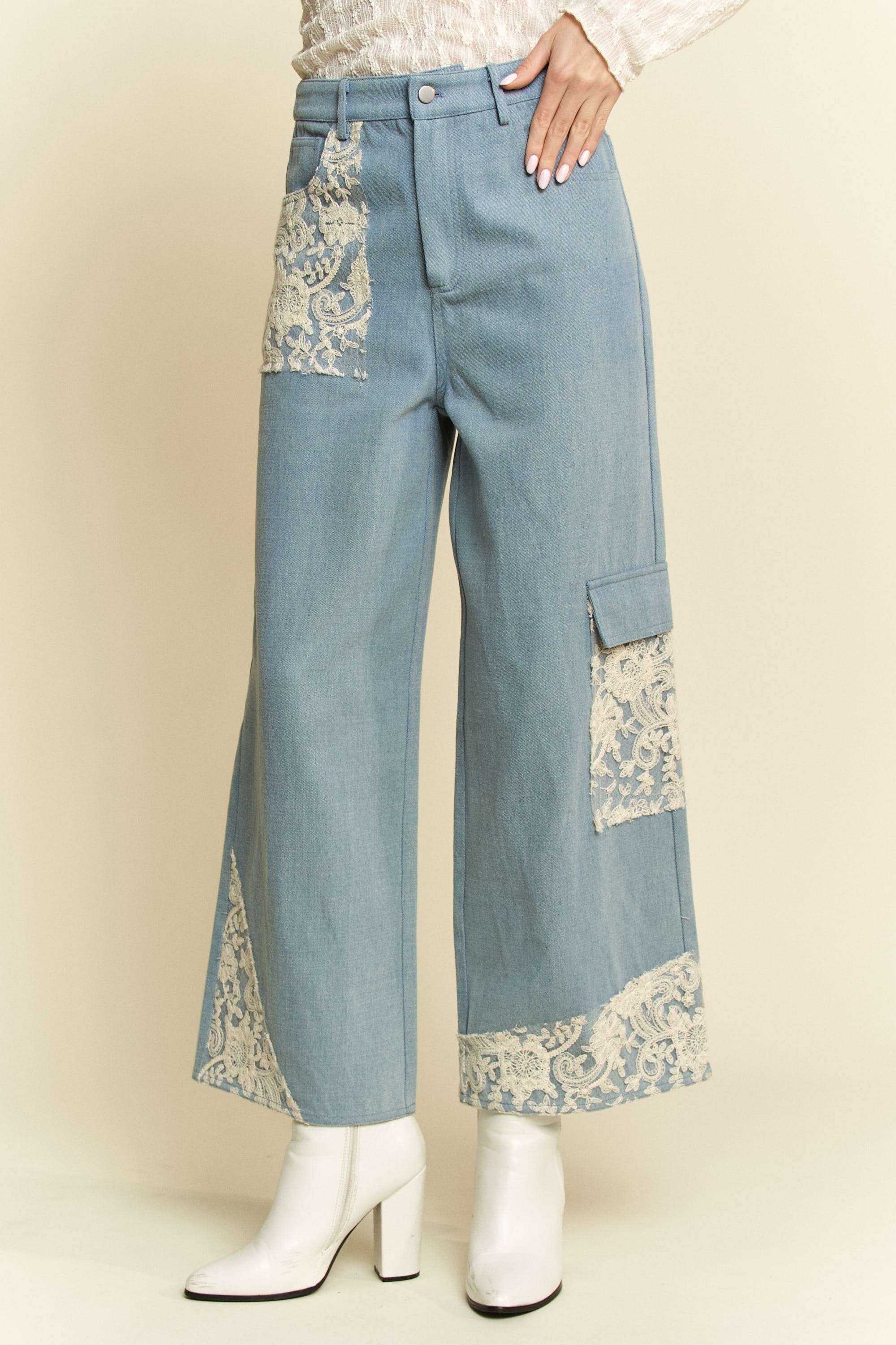 Davi & Dani Lace Applique Wide Leg Light Washed Jeans Pants