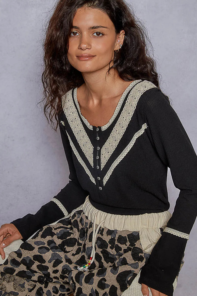 POL Black Ribbed Half Button Lace Detail Knit Top