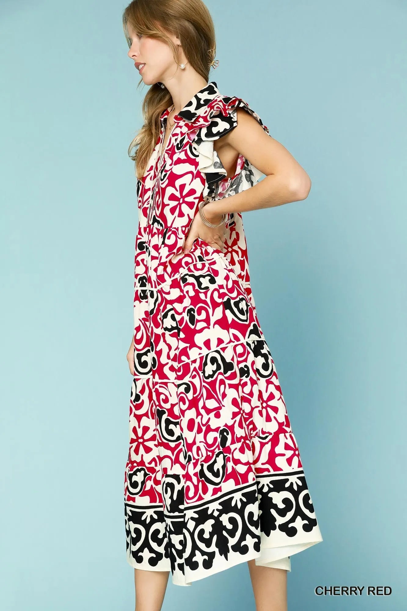 Umgee Cherry Red Printed Ruffled Cap Sleeve Midi Dress