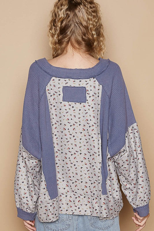 POL Waffle Knit Floral Notched Long Sleeve Top in Dusty Blue Shirts & Tops