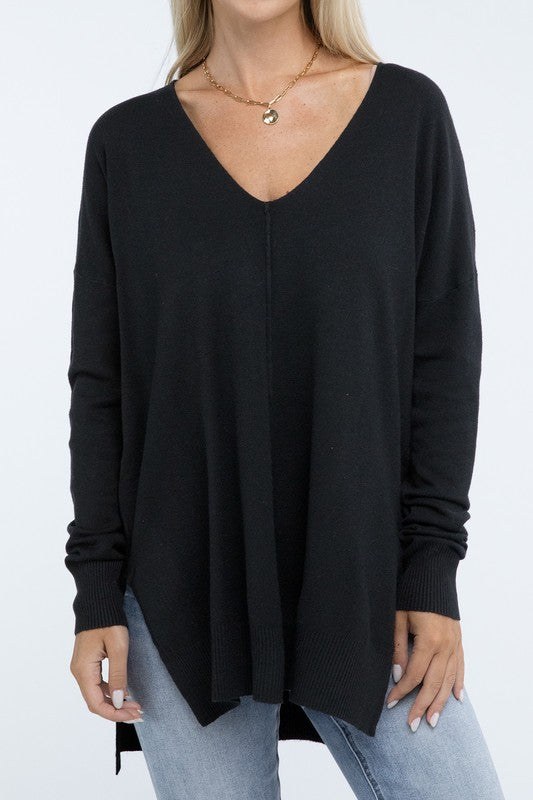 Zenana Hi-Low Hem Front Seam Sweater in 5 Colors BLACK ZENANA