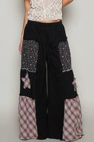 POL Black Star Patch Contrast Chambray Wide Leg Pants Black