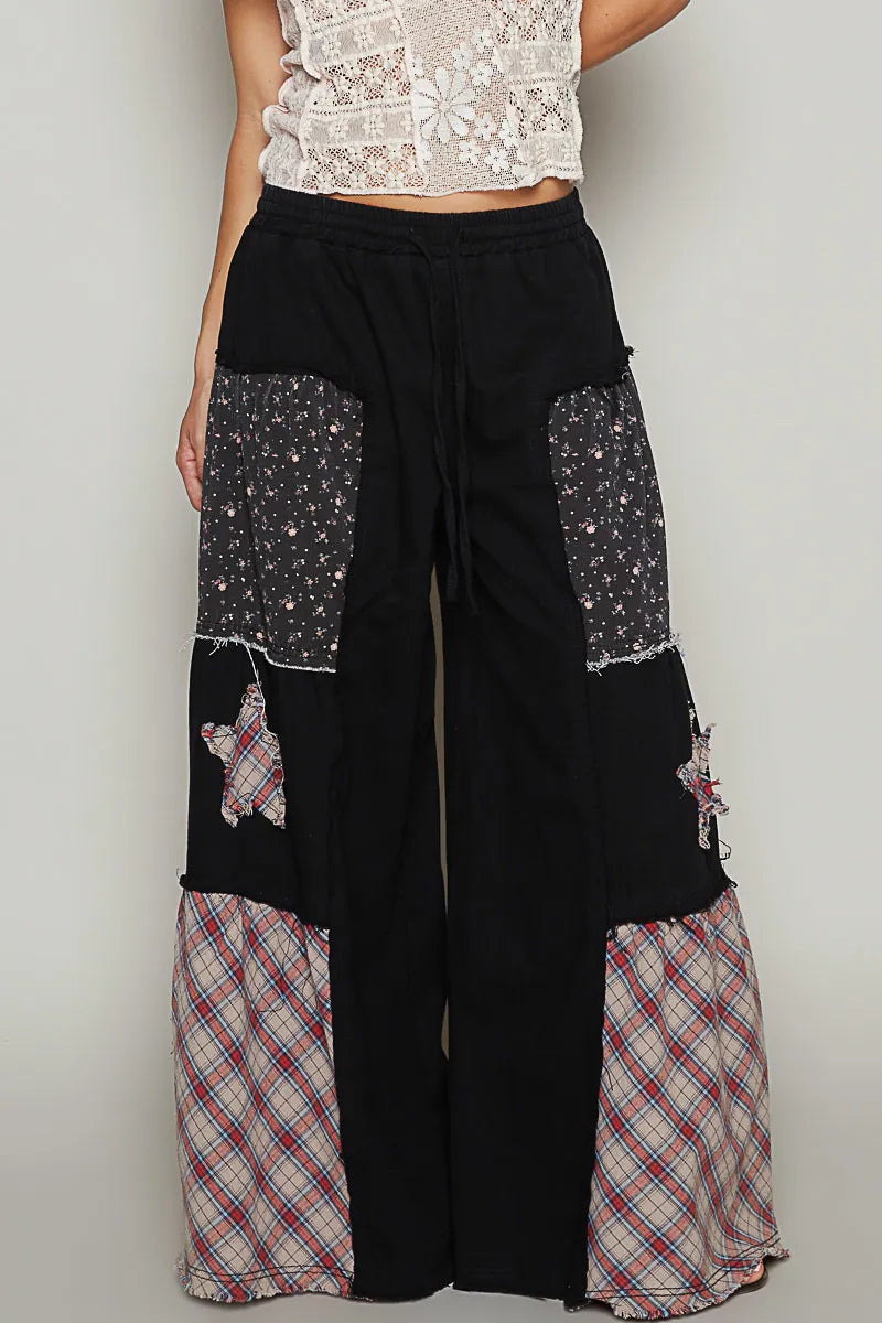 POL Black Star Patch Contrast Chambray Wide Leg Pants Black