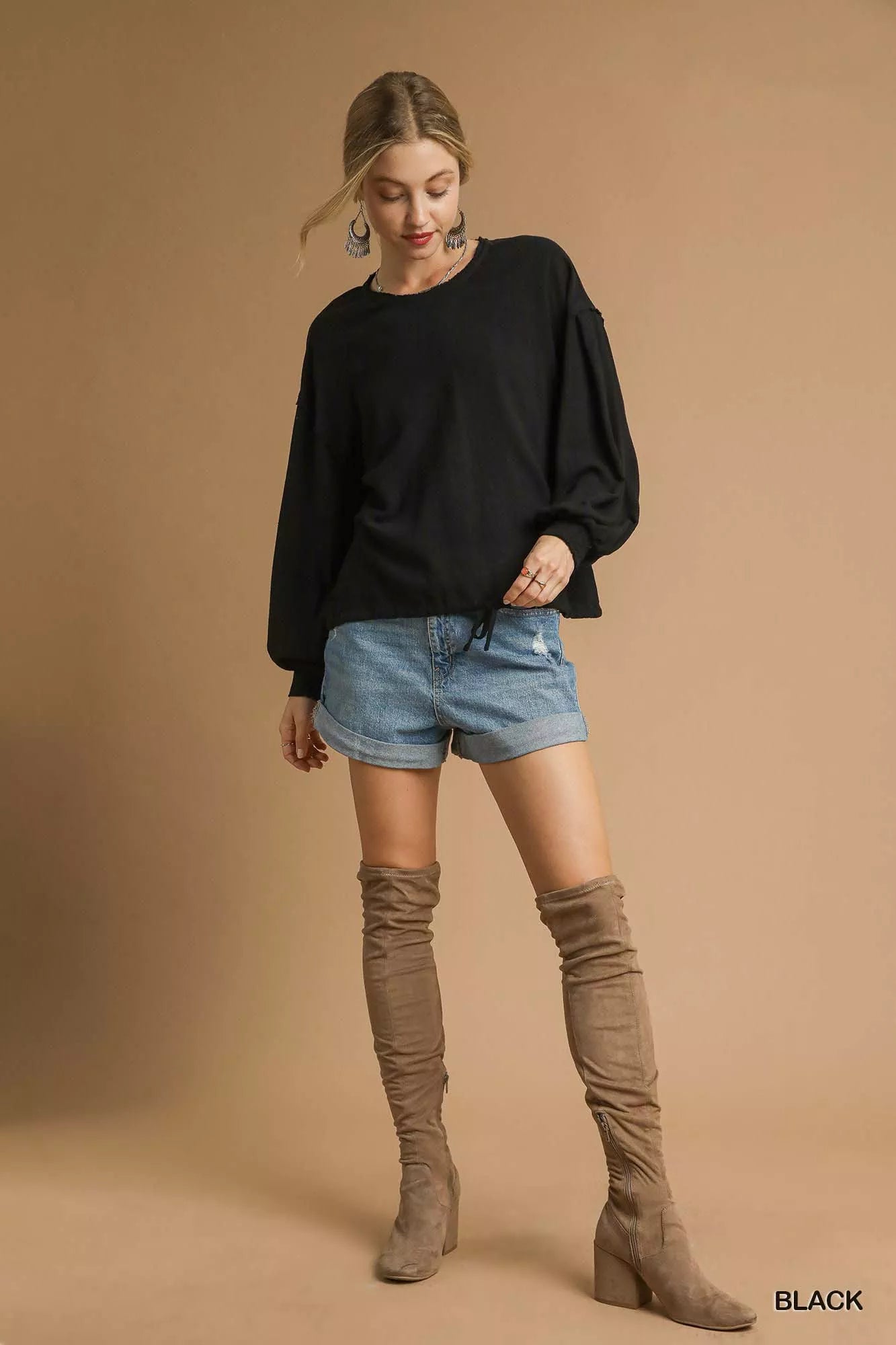 Umgee Black Linen Long Sleeve Top with Drawstring