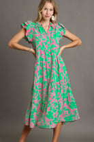 Umgee Emerald Mix Floral Collared Ruffle Cap Sleeve Midi Dress EMERALD MIX