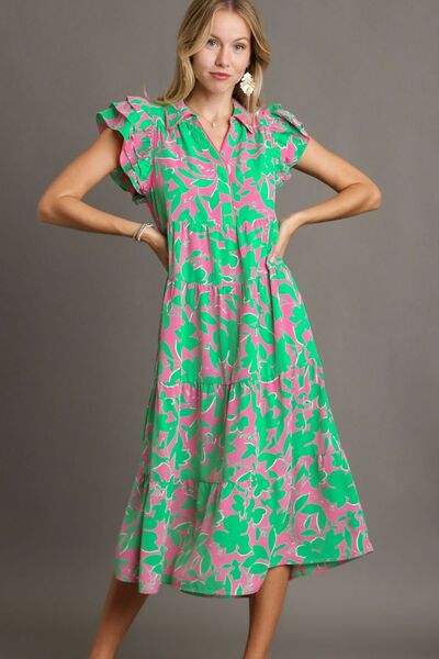 Umgee Emerald Mix Floral Collared Ruffle Cap Sleeve Midi Dress EMERALD MIX