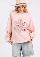 SAGE + FIG Blush Pink Daisy Patch Applique Long Sleeve Sweatshirt Blush Pink