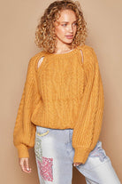 POL Honey Mustard Cable Knit Key Hole Cutout Balloon Sleeve Sweater Honey Mustard Trendsi