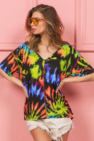 BiBi Tie Dye Print Jersey Stitched V Neck Top BLACK MULTI