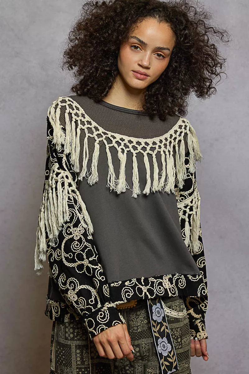 POL Moss Charcoal Contrast Floral Embroidery Balloon Sleeve Top with Tassel Trim MOSS CHARCOAL