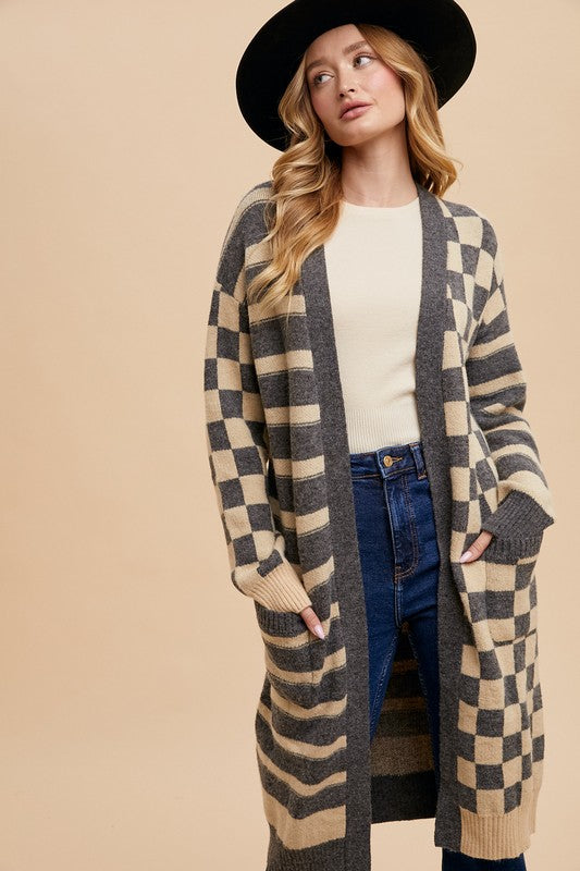 Annie Wear Dark Gray Checkered & Striped Open Front Long Sleeve Cardigan