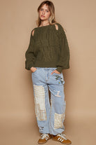 POL Dried Olive Cable Knit Keyhole Cutout Long Sleeve Sweater Trendsi