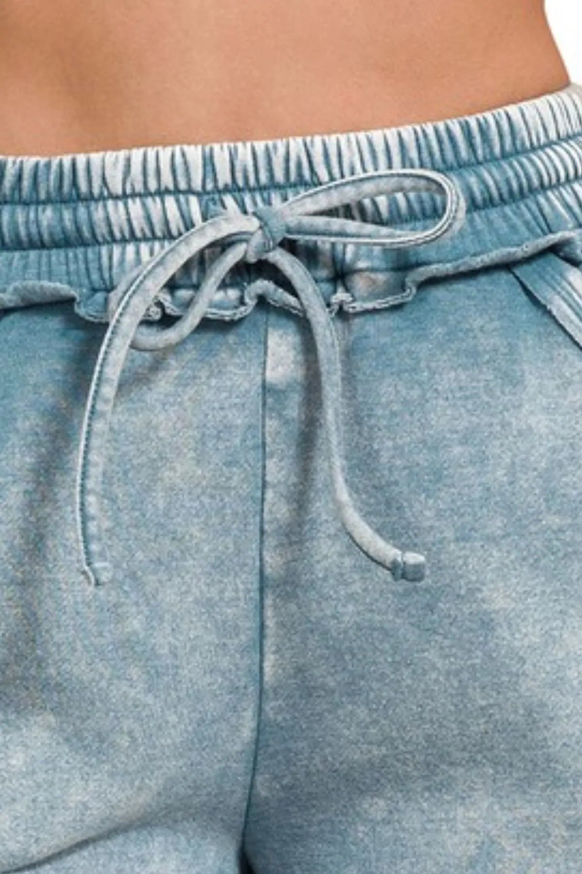 Zenana Blue Gray Acid Wash Fleece Drawstring Shorts With Pockets