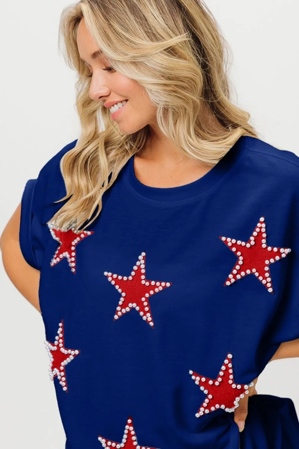 BiBi Royal Blue Beaded Red Stars Applique Fourth of July Terry T-Shirt ROYAL RED