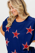 BiBi Royal Blue Beaded Red Stars Applique Fourth of July Terry T-Shirt ROYAL RED