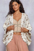 POL Openwork V-Neck Chenille Cardigan with Contrast Floral