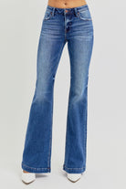 RISEN Dark Washed Low Rise Flare Jeans with Pockets Trendsi