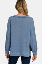 Zenana Dusty Blue Exposed Seam Side Slit Long Sleeve Top Trendsi