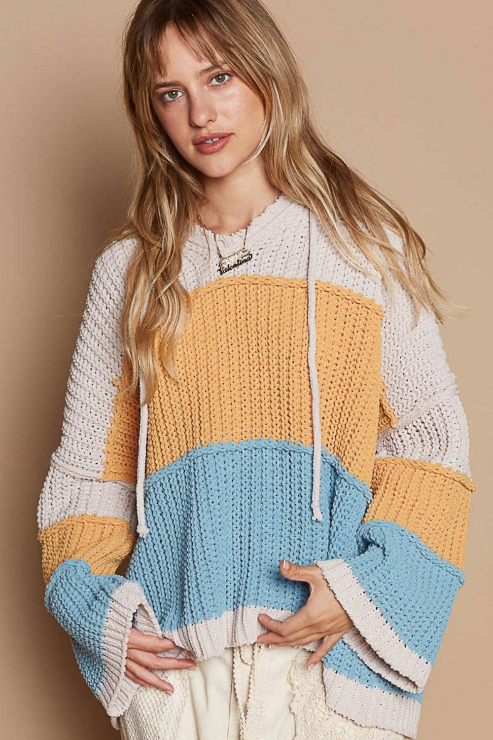 POL Blue & Mustard Color Block Long Sleeve Hooded Sweater Trendsi