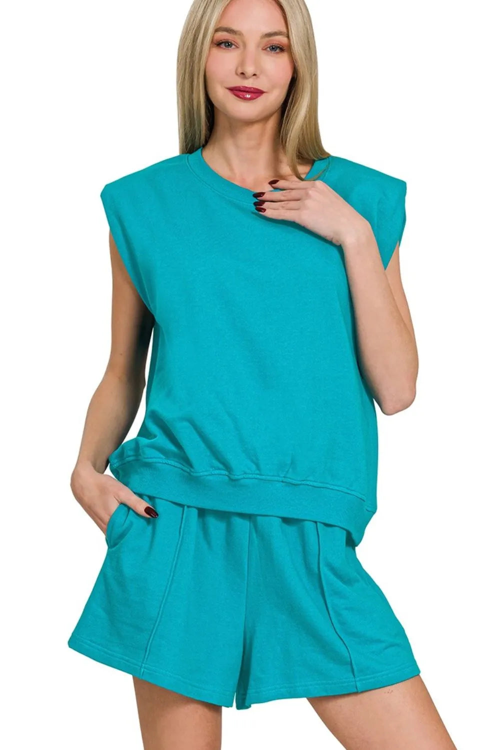 Zenana Light Teal French Terry Sleeveless Top & Shorts Set