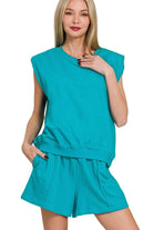 Zenana Light Teal French Terry Sleeveless Top & Shorts Set