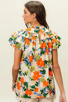 BiBi Cream & Multi Color Floral Print Woven Ruffle Sleeve Blouse