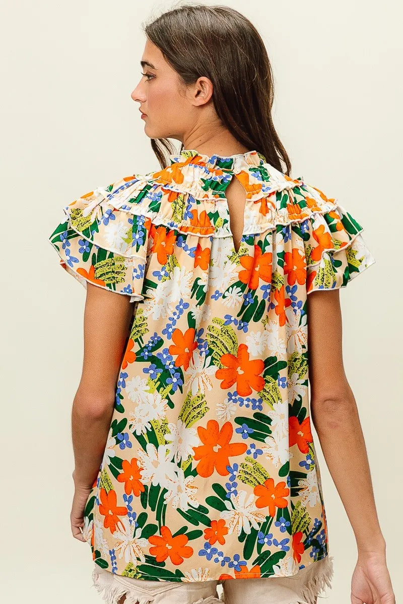 BiBi Cream & Multi Color Floral Print Woven Ruffle Sleeve Blouse