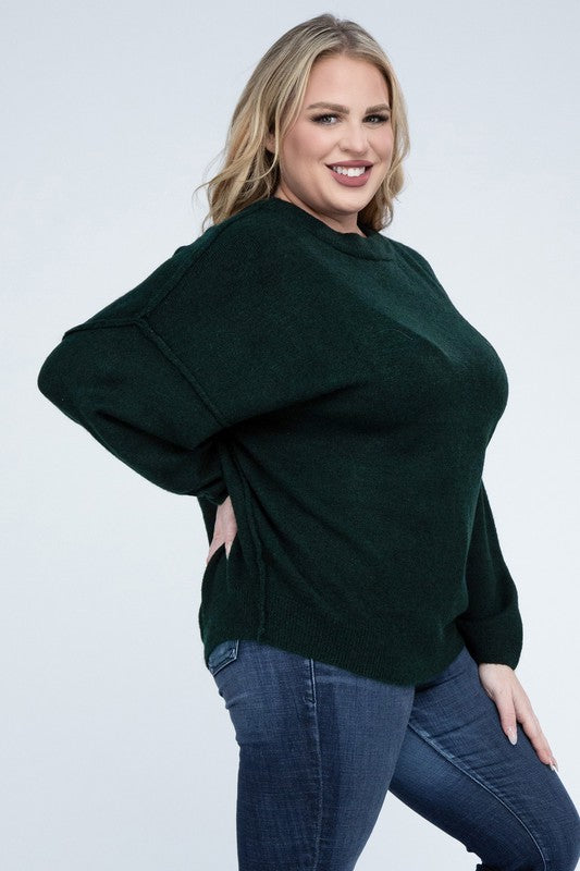 Zenana Plus Oversized Round Neck Raw Seam Melange Sweater ZENANA