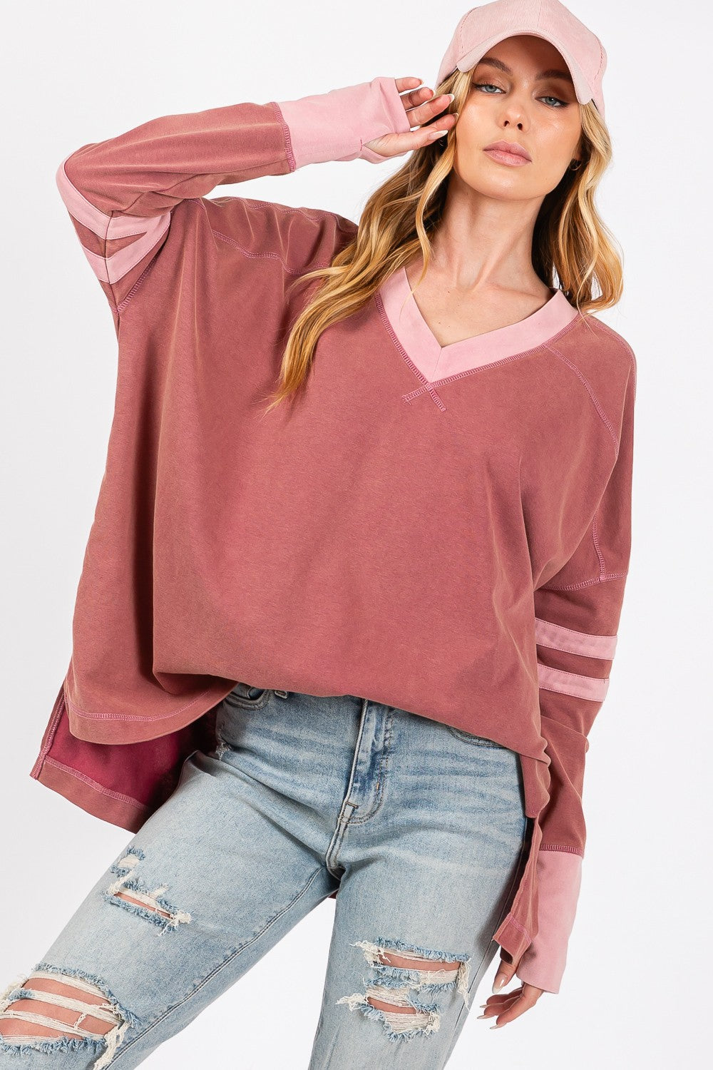 SAGE + FIG Mineral Wash Side Slit Contrast T-Shirt Mulberry Trendsi