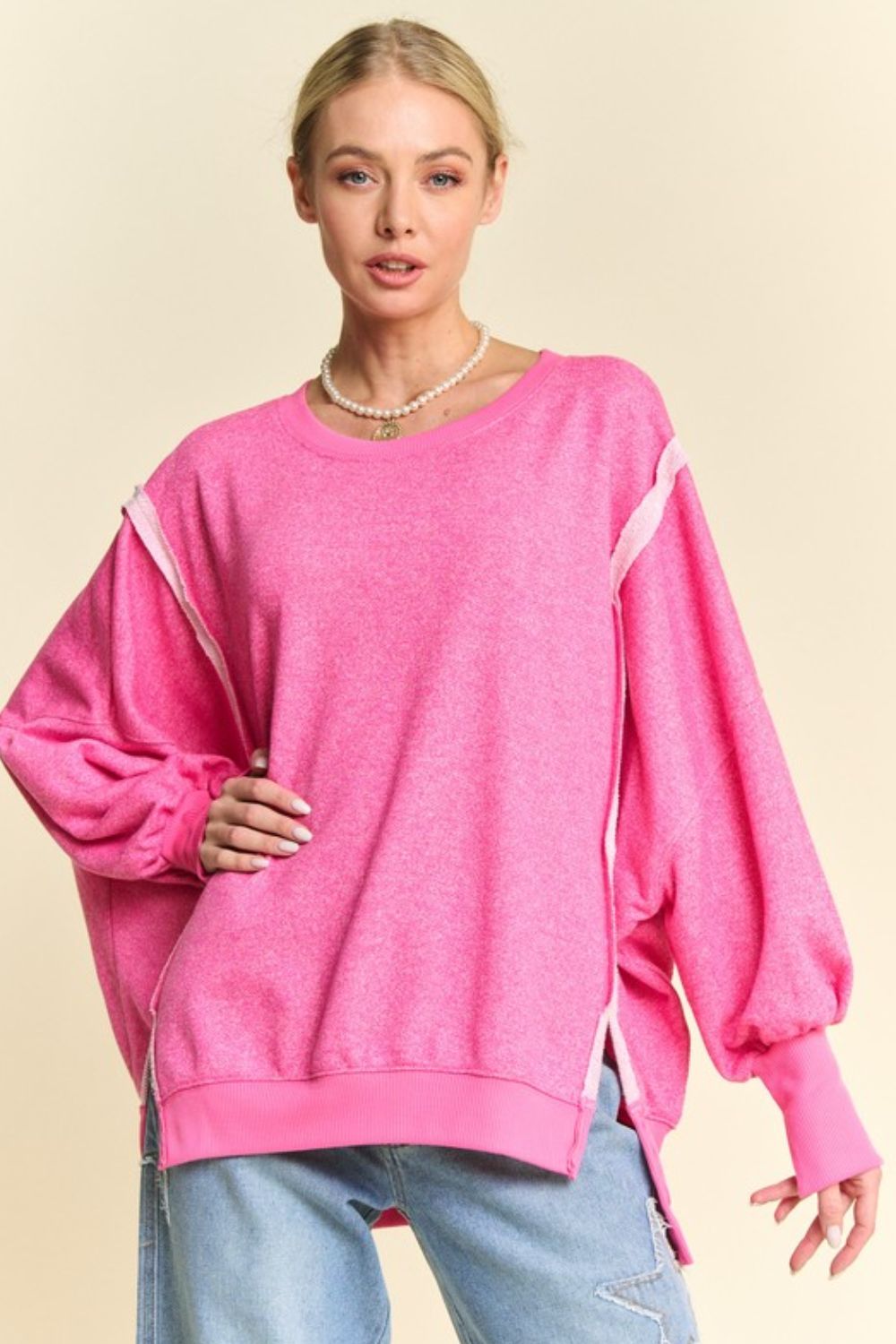 Davi & Dani Fuchsia Pink Side Slit High-Low Lantern Sleeve Knit Top Trendsi