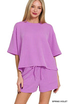Zenana Raised Rib Short Sleeve Tee and Drawstring Shorts Set SPRING VIOLET