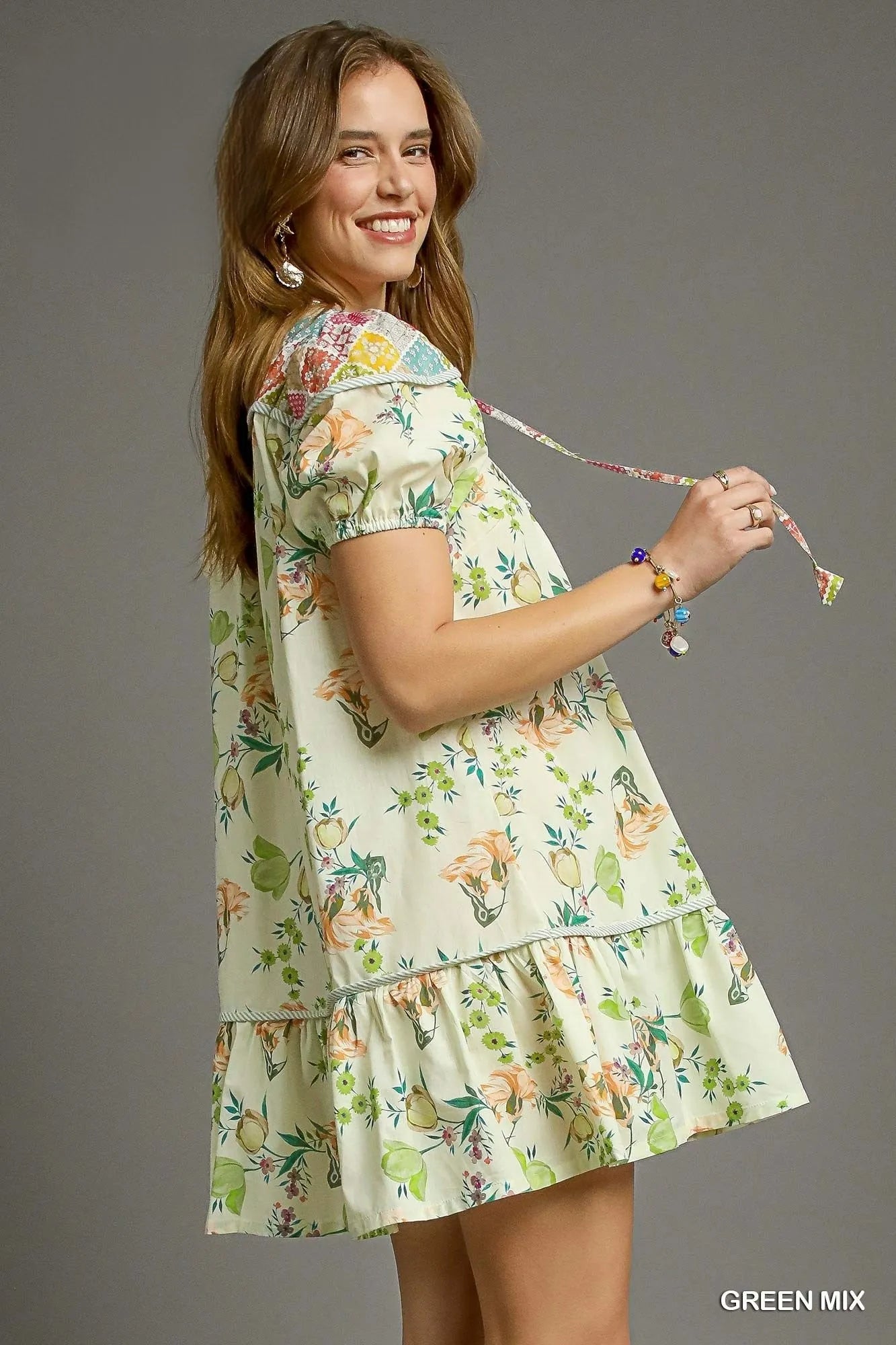 Umgee Floral Print Tie Neck Puff Sleeve Dress