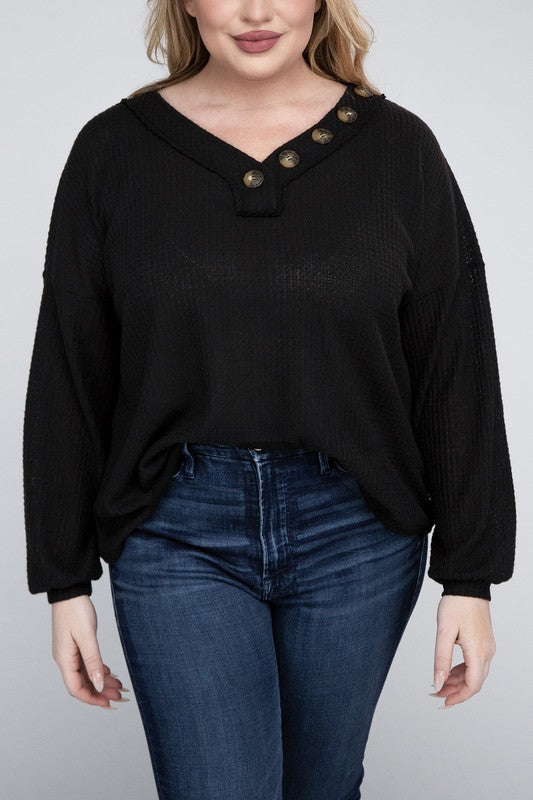 Zenana Plus Brushed Waffle V-Neck Button Detail Sweater BLACK ZENANA