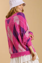 Umgee Hot Pink Argyle Pattern V-Neck Button Front Cardigan